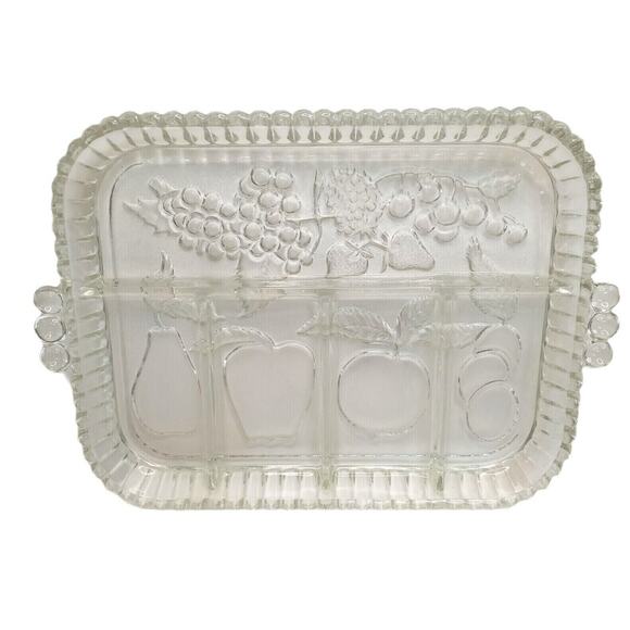 Vintage Indiana Glass Divided Serving Platter Charcuterie Tray Fruit Embossed - Picture 3 of 8